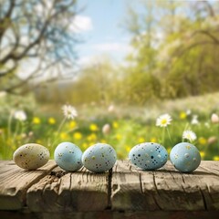 Wall Mural - Wooden table with easter eggs and blurred spring meadow background