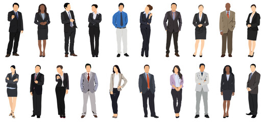 Business multinational team. Vector illustration of diverse cartoon men and women of various races, ages and body type in office outfits. Isolated on white.