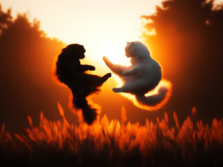 silhouette of two Anthropomorphic cats fighting, kitty jumping and kicking, kung fu cartoon, sunset or sunrise background, wall art and wallpaper