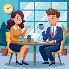 Wall Mural - Cartoon character business team have conversation. Woman and man at morning meeting