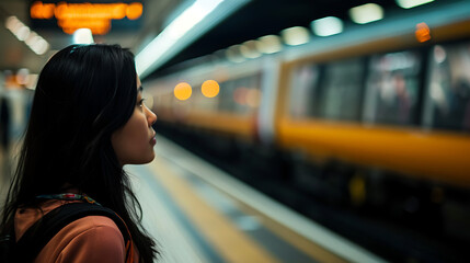 mulher esperando o trem na plataforma enquanto o trem se aproxima momento de comutar