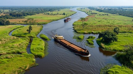 Wall Mural - Aerial view of a massive container cargo ship navigating through a picturesque canal waterway