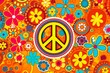 © ManusiaIkan - A funky and free-spirited 70s background, filled with groovy patterns, peace signs, and a kaleidoscope of vibrant colors, Generative AI