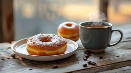 Wall Mural - Freshly sugared donut with steaming coffee on a rustic wooden surface, capturing a serene breakfast moment in a cozy, inviting setting