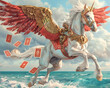 High definition scene of a Pegasus in garnet armor, with tarot cards foretelling its journey across folklore seas, submarine in pursuit