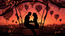 Silhouette of a romantic couple on a ferris wheel bench, with a backdrop of a sky filled with hot air balloons at sunset.
