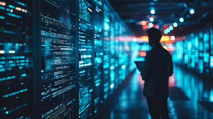 a technician with a laptop stands in a data center aisle, surrounded by servers with blinking led li