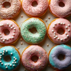 Wall Mural - Top view of an assortment of colorful frosted doughnuts, ideal for bakery marketing and dessert table showcases