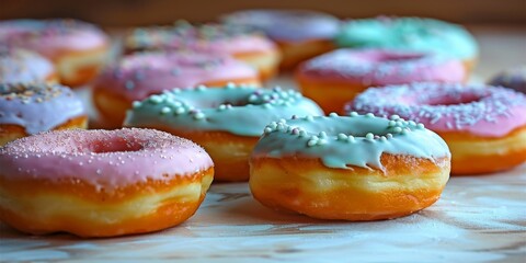 Wall Mural - Assorted Pastel Donuts with Delicate Icing and Sprinkles on a Rustic Wooden Surface