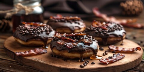 Wall Mural - Decadent Chocolate Donuts with Maple Syrup and Bacon Bits: A Perfect Blend of Flavors for a Luxurious Treat