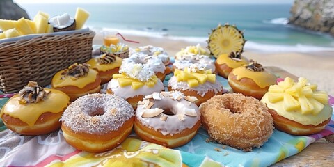 Close-up of a variety of gourmet donuts with tropical fruit toppings on a colorful blanket by the beach, highlighting a sunny seaside picnic