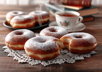 Wall Mural - Warm, Sugary Donuts on a Lace Doily with a Cup of Tea and Old Books in the Background Perfect for a Cozy Morning Breakfast Scene