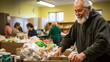 
In a modest community center, a middle-aged man with graying hair diligently organizes supplies, stacks of canned goods and water bottles filling the room