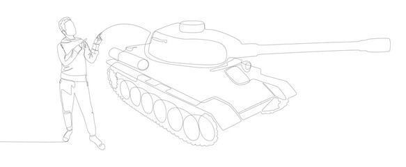 One continuous line of Man pointing with finger at Armored Tank. Thin Line Illustration vector concept. Contour Drawing Creative ideas.