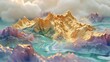 photography mountains a mountain of gold and jade, white clouds and mist, partial details, clean background, top view,an expansive view, gold purple red pink,bright light