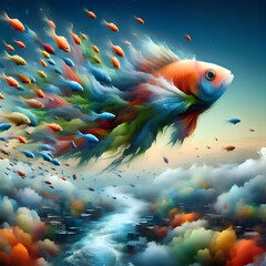 Wall Mural - large watercolor flying fish yaw a school