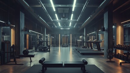 Modern and tidy gym with complete gym equipment