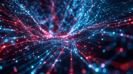 Motion graphics, sci-fi bg with flow of blue red neon glow lines form digital space. Connection concept. Visualization of neural network operation,