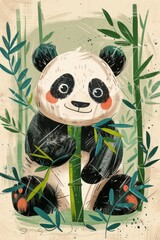 Wall Mural - cute panda in bamboo forest illustration. children drawing style