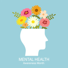 Mental health awareness month. Flowers inside human head in flat design.