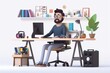 © Box Milk - Cartoon character, a freelancer sitting at his desk in a modern home office setup, surrounded by gadgets and creative inspiration, on isolated white background, Generative AI