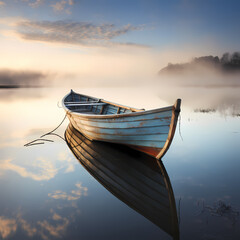 Wall Mural - A boat on a calm lake with reflections in the water