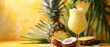 Portrait of pine apple coconut Pina colada with a big space for text or product against a yellow backdrop with space, Generative AI.