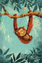 Wall Mural - cute orangutan with nature background. children illustration