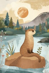 Wall Mural - cute otter with nature background. children illustration