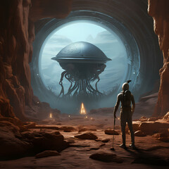 Wall Mural - Ancient astronaut exploring an alien civilization 