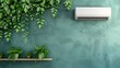 Modern interior wall with air conditioner and hanging green plants for fresh home decor.