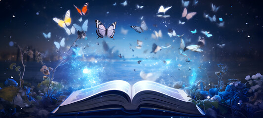 Wall Mural - a snowy an open book pages begin to fly above the book, flowers, butterflies and glitter, art background 20:9, ai generative