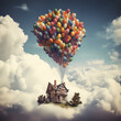 Floating balloons lifting a house into the sky