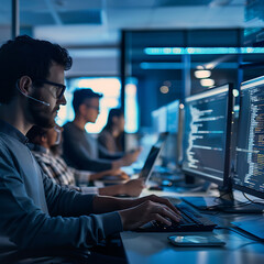 a depiction of a group of software developers programming, working together, and evaluating applicat
