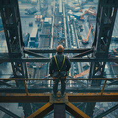 Engineer technician observing a group of workers on a tall steel platform.