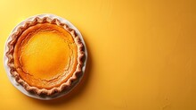 Top view of tasty and healthy homemade pumpkin pie over a clean backdrop and a big space for text or product, Generative AI.