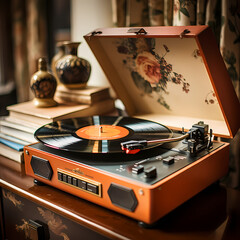 Poster - Vintage record player with vinyl records. 