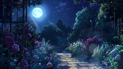 the enchantment of a moonlit garden with blooming night-blooming flowers. fantasy landscape anime or