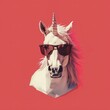 unicorn wearing sunglasses on a solid color background, vector art, digital art, faceted, minimal, abstract