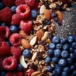Close-up of mixed berries, nuts, and seeds. AI Generated.