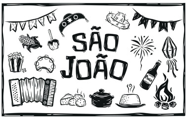 Canvas Print - Festa Junina hand-drawn isolated elements. Typical Brazilian party. Woodcut style and cordel literature