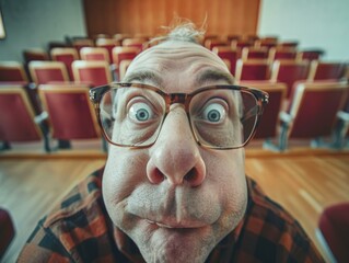 Poster - A man with glasses and a red shirt in front of a room full of chairs. Generative AI.