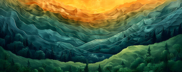 Wall Mural - A surreal landscape with layers of mountain ranges illuminated in the golden hue of sunset, organic lines, nature landscape banner, wallpaper, background