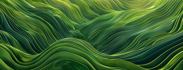 Wall Mural - Dynamic, abstract digital waves in green hues, creating an impression of energetic highlands, aesthetic organic waves lines, nature outdoors landscape