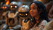 Attractive young African woman being kept company by robots, artificial intelligence taking over concept, robots replacing humans