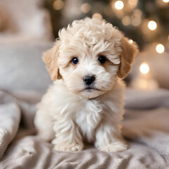 Cachorrito maltipoo tierno y adorable con iluminación en interior