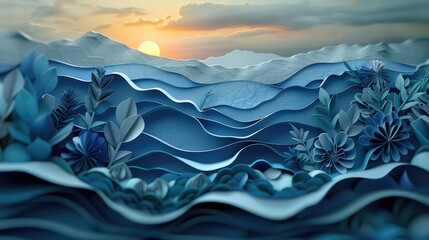 Wall Mural - 3d illustration, in the style of light indigo and dark cyan, relief sculpture, fisheye effects, pape