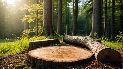 Wall Mural - Empty natural product display podium in the forest . Product presentation ideas 