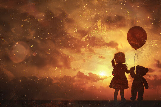 A girl holding a balloon and a teddy bear and looking at the sky