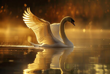 A Graceful Swan, Neck Arched, Lifts Its Wings. Its Reflection In The Water Completes The Serene Scene